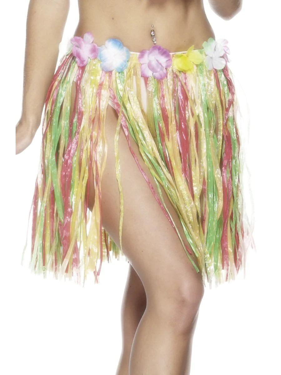 Multi Adult Grass Skirt With Flowers- 46cm slim fit skirt