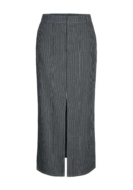 Noisy May Blink Pinstripe Long Slit Skirt, Navy Blazer silk skirt lustrous