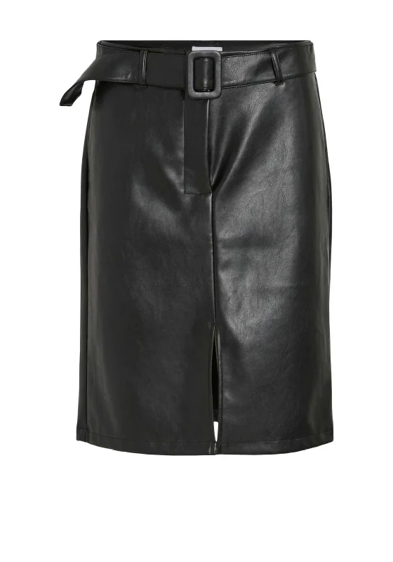 Vila Hennie Coated Buckled Skirt, Black satin skirt smooth