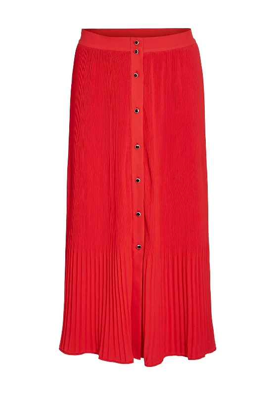 Vila Yasmin Button Pleated Midi Skirt, Tomato corduroy skirt cozy