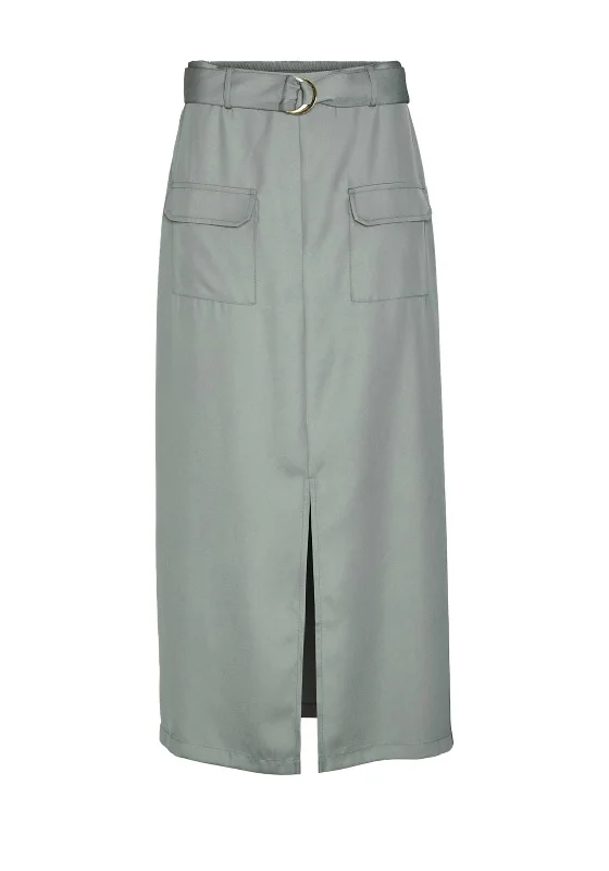 Vero Moda Tanne Belted Maxi Skirt, Green denim skirt classic