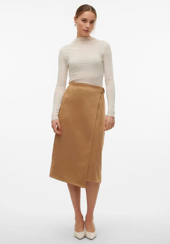 Vero Moda Thea Faux Suede Wrap Midi Skirt, Tan linen skirt breathable