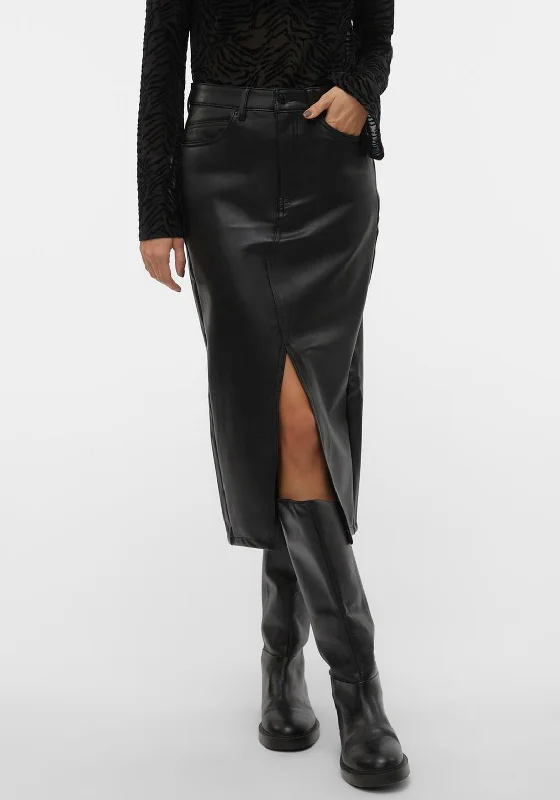 Vero Moda Veri Faux Leather Midi Skirt, Black denim skirt durable